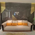 Beige Leather Sofa Set with Button Tufting Craftsmanship, Natural Wood Veneer & Orange Quilted Accents